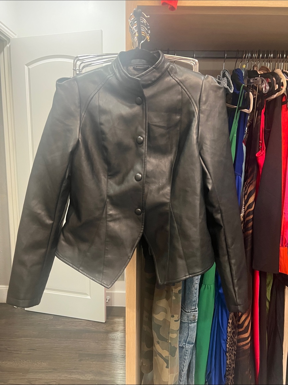 Fashion Nova Black Faux Leather Stand-Collar Button Jacket